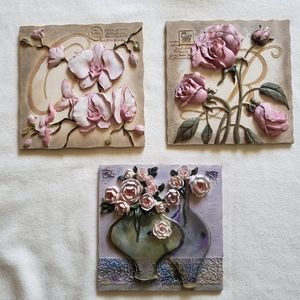3 Detail 3D Resin Floral Hanging Wall Plaque Tiles